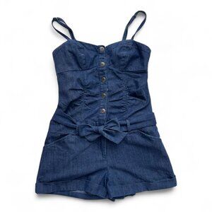 Express Blue Denim Romper with Button Front & Tie Waist – Size S